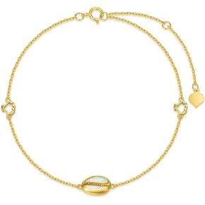 14K Solid Gold White Opal Anklet for Women Dainty Chain Shell Anklets Beach Foot Jewelry Adjustable Anklet Gifts for Her 8.5-10.5 Inch