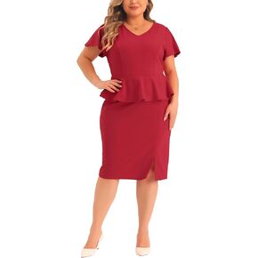 Agnes Orinda Plus Size Dresses for Women Ruffle Short Sleeve Church Work Pencil Vintage Peplum Dress