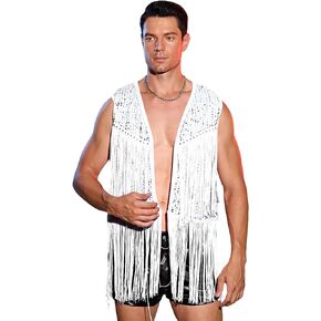 WDIRARA Men's Contrast Sequins Fringe Trim Sleeveless Open Front Party Club Jacket