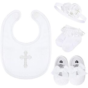 Vinsatin 4 Pcs Baptism Costume Outfits for Girl Includes Shoes Socks Headband U Shaped Bib for First Communion