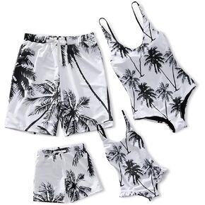 IFFEI Family Matching Swimsuits Coconut Tree Printed One Piece Mommy and Me Bathing Suits Boys: 8-9 Years