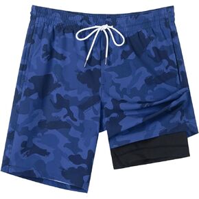 SURF CUZ 9" Mens Swim Trunks with Compression Liner Swimming Shorts 2 in 1 Stretch Quick Dry Zipper Pockets