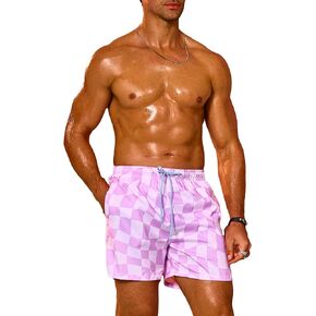 OYOANGLE Men's Checkered Print Drawstring Elastic Waisted Swim Shorts Swimwear Bottom Trunks