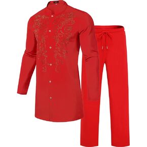 ZSJR Mens African 2 Piece Set Glitter Rhinestone Traditional Suit Shiny Blingbling Sparkle Metallic Dashiki Shirt Pant Outfit