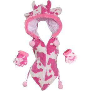 Women's Cow Print Romper Onesie Pajamas Plush Hooded Bodysuit Furry Homewear Jumpsuit