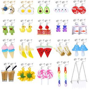 JOERICA 20 Pairs Cute Clip On Earrings Weird Earrings for Women Funny Drop Dangle Earrings Funny Mushroom Frog Duck Strawberry Goldfish Flower Fruit Animal Kawaii Clip Dangle Earrings Non Pierced Earring With Clear Box