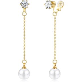 CASSIECA 14K مطلية بالذهب كليب على أقراط اللؤلؤ للنساء الفتيات طويلة تتدلى أقراط اللؤلؤ غير مثقوب اللؤلؤ الأذن كليب مجوهرات لهدايا الزفاف الزفاف