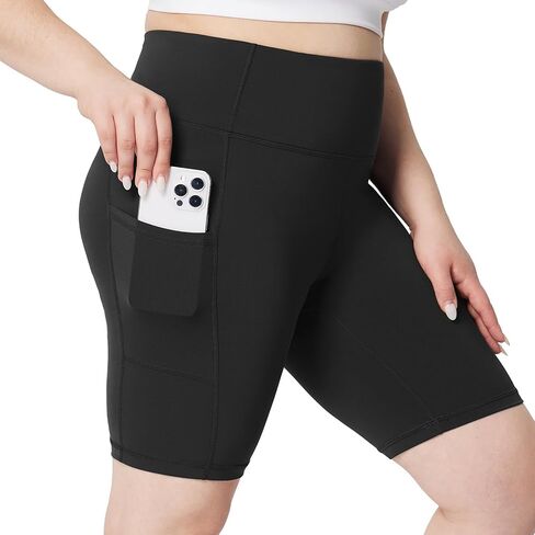 BALEAF Biker Shorts Women Yoga Gym Workout Spandex Running Volleyball Tummy Control Compression Shorts with Pockets Lycra 8" Black XXL in Saudi Arabia