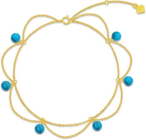 14K Gold Turquoise Anklet for Women, Real Yellow Gold Layered Beaded Anklet Fine Jewelry Gift for Wife Girlfriend Mom Her 8+2 inch in Saudi Arabia