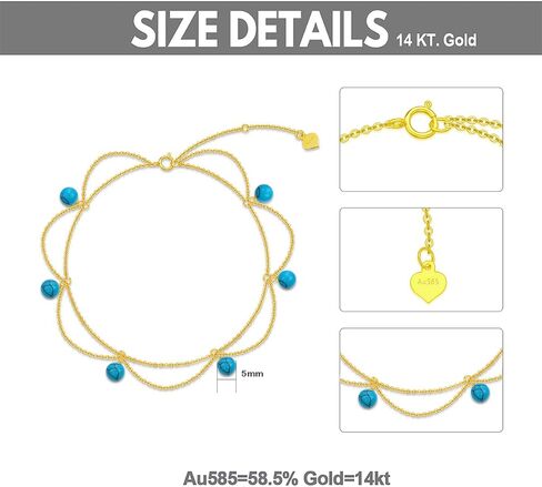 14K Gold Turquoise Anklet for Women, Real Yellow Gold Layered Beaded Anklet Fine Jewelry Gift for Wife Girlfriend Mom Her 8+2 inch in Saudi Arabia