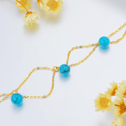 14K Gold Turquoise Anklet for Women, Real Yellow Gold Layered Beaded Anklet Fine Jewelry Gift for Wife Girlfriend Mom Her 8+2 inch in Saudi Arabia