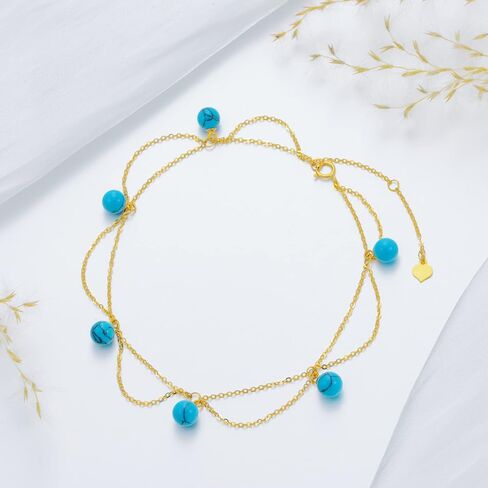 14K Gold Turquoise Anklet for Women, Real Yellow Gold Layered Beaded Anklet Fine Jewelry Gift for Wife Girlfriend Mom Her 8+2 inch in Saudi Arabia