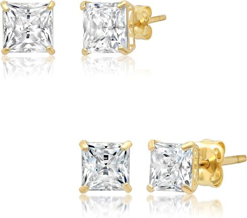 14k White Gold Princess Cut CZ Stud Earrings Set for Women & Men | 4.5mm 1 CTTW and 6.5mm 3.0 CTTW Cubic Zirconia Earrings Studs with Gold Earring Backs | by MAX + STONE in Saudi Arabia