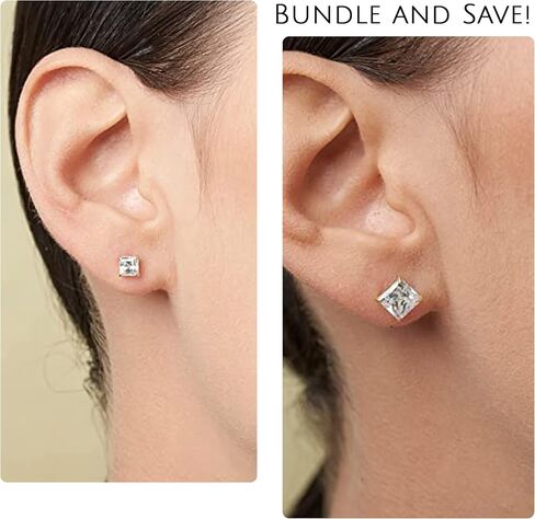 14k White Gold Princess Cut CZ Stud Earrings Set for Women & Men | 4.5mm 1 CTTW and 6.5mm 3.0 CTTW Cubic Zirconia Earrings Studs with Gold Earring Backs | by MAX + STONE in Saudi Arabia