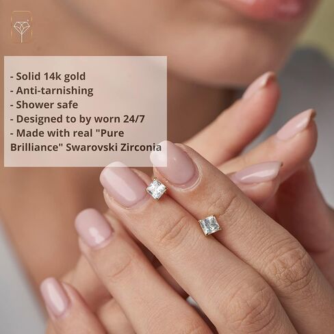 14k White Gold Princess Cut CZ Stud Earrings Set for Women & Men | 4.5mm 1 CTTW and 6.5mm 3.0 CTTW Cubic Zirconia Earrings Studs with Gold Earring Backs | by MAX + STONE in Saudi Arabia