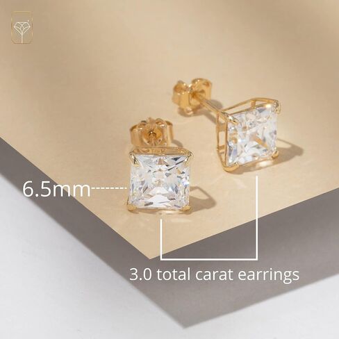 14k White Gold Princess Cut CZ Stud Earrings Set for Women & Men | 4.5mm 1 CTTW and 6.5mm 3.0 CTTW Cubic Zirconia Earrings Studs with Gold Earring Backs | by MAX + STONE in Saudi Arabia