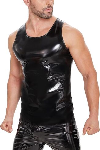 Men Sexy Leather Tank Top, Plus Size S-5XL, Shiny PVC Leather, Sleeveless Leather T-Shirt for Male in Saudi Arabia