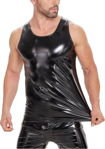 Men Sexy Leather Tank Top, Plus Size S-5XL, Shiny PVC Leather, Sleeveless Leather T-Shirt for Male in Saudi Arabia