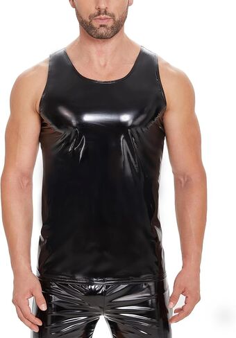 Men Sexy Leather Tank Top, Plus Size S-5XL, Shiny PVC Leather, Sleeveless Leather T-Shirt for Male in Saudi Arabia