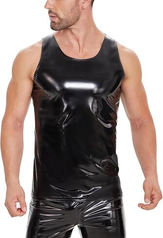 Men Sexy Leather Tank Top, Plus Size S-5XL, Shiny PVC Leather, Sleeveless Leather T-Shirt for Male in Saudi Arabia