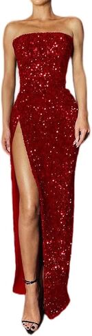 Strapless Sequin Prom Dress with Slit Long Sparkly Formal Evening Gowns 2022 in Kuwait