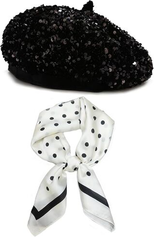 Women's Sequin Beret Hats with Accessories, Vintage Sparkle Paris French Cap, Stylish Artist Cap for Ladies (Black) in Kuwait