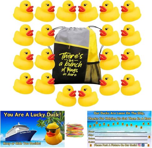 Cruise Rubber Ducks for Hiding with Tags 61 pc Bundle with Convenient Beach Bag for Carrying All Major Cruise Lines, Includes 20 Rubber Ducks, 20 Duck Tags, 20 Rubber Bands and 1 Drawstring Backpack in Saudi Arabia