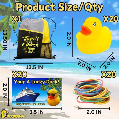 Cruise Rubber Ducks for Hiding with Tags 61 pc Bundle with Convenient Beach Bag for Carrying All Major Cruise Lines, Includes 20 Rubber Ducks, 20 Duck Tags, 20 Rubber Bands and 1 Drawstring Backpack in Saudi Arabia