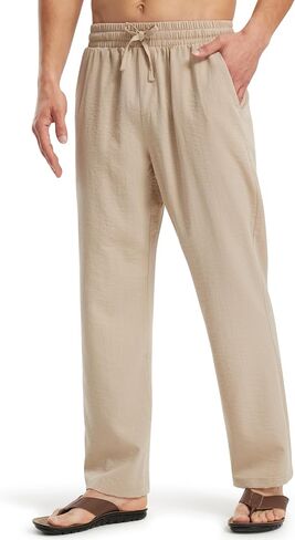 Libin Men's Linen Pants Elastic Waist Beach Summer Casual Pants Lightweight Straight-Legs Long Trousers with Pockets in Kuwait
