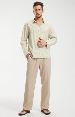 Libin Men's Linen Pants Elastic Waist Beach Summer Casual Pants Lightweight Straight-Legs Long Trousers with Pockets in Kuwait