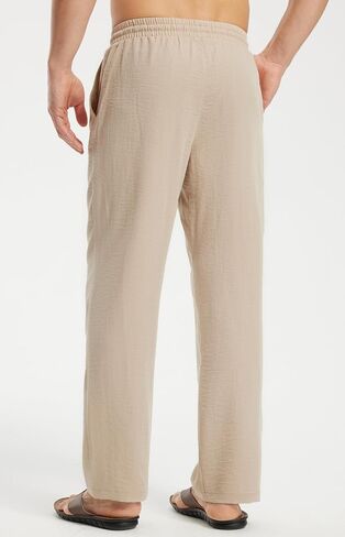 Libin Men's Linen Pants Elastic Waist Beach Summer Casual Pants Lightweight Straight-Legs Long Trousers with Pockets in Kuwait