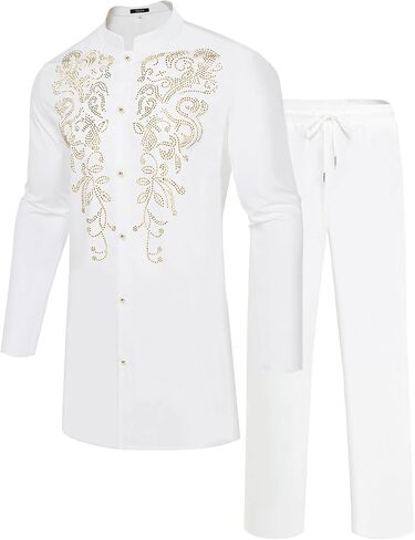 ZSJR رجالي أفريقي 2 قطعة مجموعة بريق حجر الراين البدلة التقليدية لامعة Blingbling التألق لامع Dashiki قميص بانت الزي in Saudi Arabia