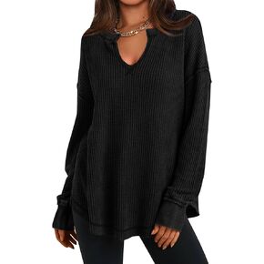 PRETTYGARDEN Womens Waffle Knit Long Sleeve Shirts V Neck Solid Color Casual Drop Shoulder Pullover Exposed Seam Fall Tops