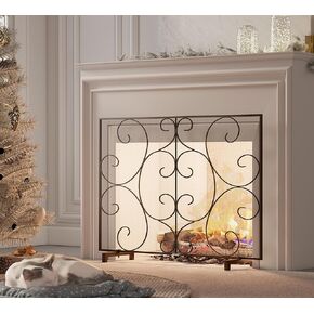 Single Panel Decorative Flat Fireplace Screen Stand Alone Cover Handcrafted Durable Metal Mesh, Heat-resistant Free Standing Fireplace Spark Guard Mesh 37.8" L x 8.8" W x 30.7" H Gold