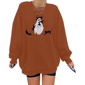 Halloween Spooky Season Sweatshirt Women: Oversized Black Cat Ghost Sweatshirts Fall Embroidered Pullover Top