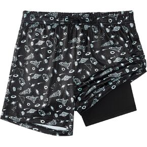 Boys Swim Trunks with Compression Liner Boys Stretch Swim Shorts Quick Dry 2 in 1 Beach Shorts 5-18 Y