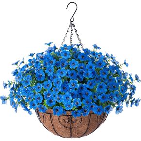Artificial Fake Hanging Plants Flowers with Basket Outdoor Decor Faux Silk Daisy Flower Arrangements in Pot Planter for Porch Home Indoor Patio Garden Yard Decoration, Blue