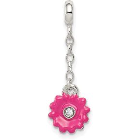 Solid 925 Sterling Silver Small Charm Pendant Pink Enamel Flower w/Cubic Zirconia CZ 1/2in Dangle Enhancer (27mm x 9mm)