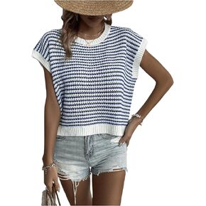 MakeMeChic Women's Striped Sweater Vest Round Neck Knitted Top Short Sleeve Loose Fit Lightweight Sweater Pullover