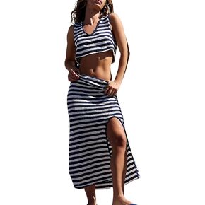 Women's 2024 Two Piece Sweater Set Striped Knit Sleeveless Vest Wrap Sexy Split Halter Dress