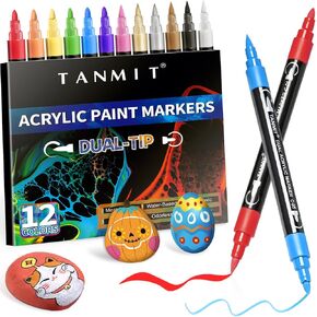 24 Colors Acrylic Paint Pens, Dual Tip Acrylic Paint Markers with Brush Tip and Fine Tip, Acrylic Pens for Rock Painting, Wood, Canvas, Stone, Glass, Ceramic,DIY Crafts Making Art Supplies