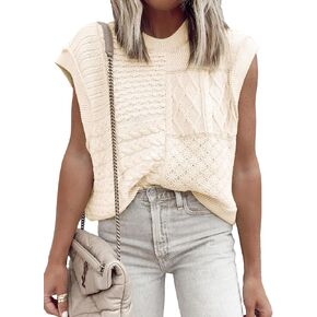 EVALESS Womens Cap Sleeve Sweater Vest Crewneck Loose Fit Knit Lightweight Crochet Knit Pullover Tops