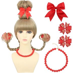 AMZCOS Christmas Cindy Costume Wig for Kids Girls Blonde Braided Synthetic Wig with Red Bow Hair Clip and Necklace for Halloween Christmas Celebration Party in Kuwait