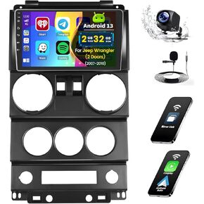 Android Car Stereo for 2007-2010 Jeep Wrangler (2 Doors), Built-in Wireless CarPlay Car Radio with Android Auto, 9'' Touch Screen in-Dash GPS Navigation Support Mirror Link BT FM AHD Rearview SWC DSP