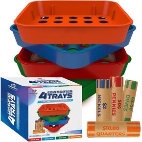 Coin Sorters Tray & Coin Counters – 4 Color-Coded Coin Sorting Tray Bundled with 24 Tubular Coin Roll Wrappers for US Coins