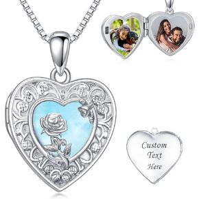 Custom Gold Heart Locket Necklace That Holds 1/2 Pictures, Sterling Silver Sunflower/Rose Engraved Memory Photos Locket Necklace Personalized Picture Locket for Women Girl Couple Friend