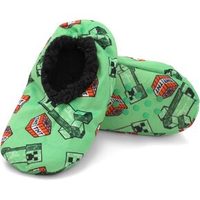 Minecraft Creeper TNT Sherpa Lined Snuggle Toes Pajama Slippers for Boys with Grippers, Medium/Large, Green