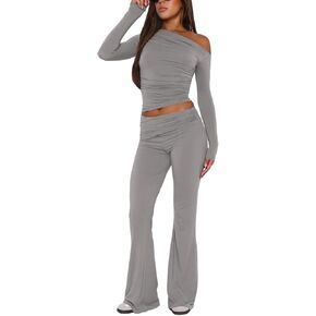 MAYFASEY Lounge Sets for Women 2 Piece Long Sleeve Off Shoulder Crop Top Fold Over Flare Pants Tracksuit Casual Y2K Outfits