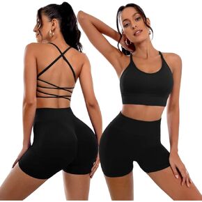 Women's Workout Outfits Two Pieces Yoga Set Cross Back Bra Tops High Waist Sport Shorts 2pcs Yoga Suits