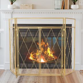 5 in 1 Double Door Fireplace Screen 50''x 31'' Large 3Panel Foldable Wrought Iron Free Standing Fireplace Screen Rustic Modern Mesh Furnace Fireguards Outdoor Protector Fireplace Cover